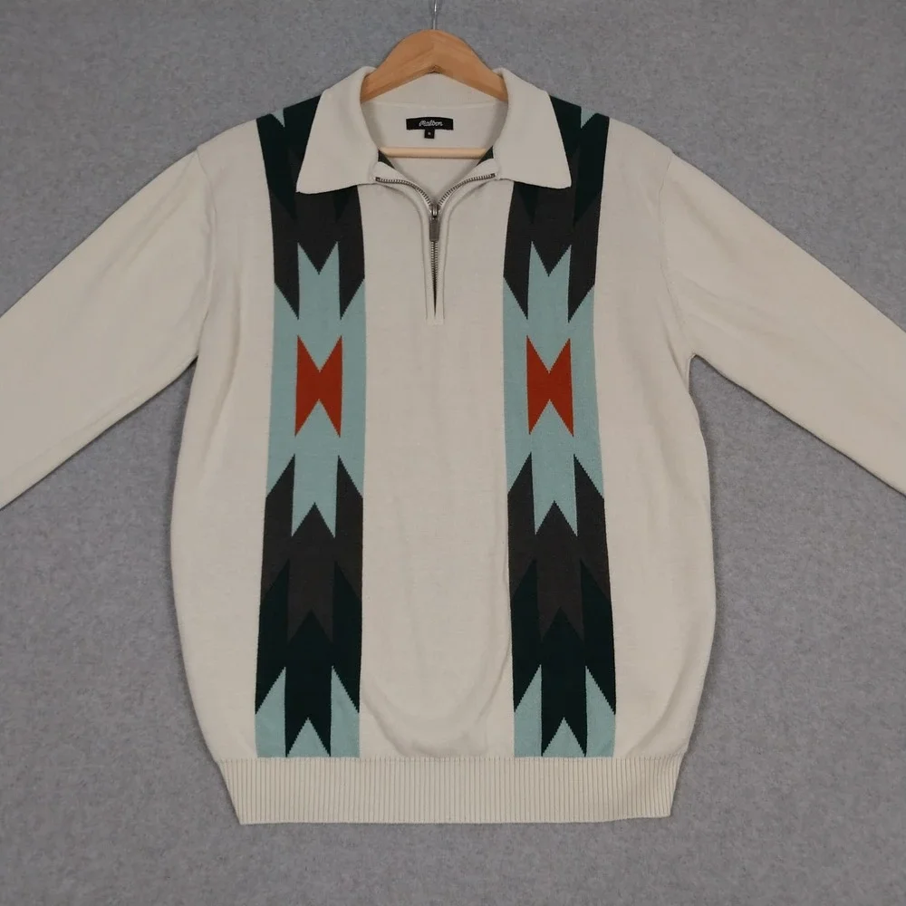 Malbon Sweater Mens Small Cream Quarter Zip Sundance Intarsia Knit Aztec Polo